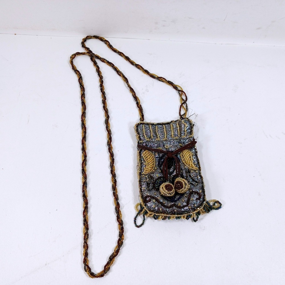 Vintage Beaded Micro Crossbody Pouch Bag Metallic Gold Silver Boho Festival